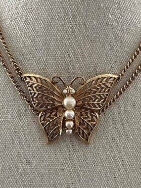 Vintage Butterfly Choker Necklace Gold Tone Faux Pearl Mid Century